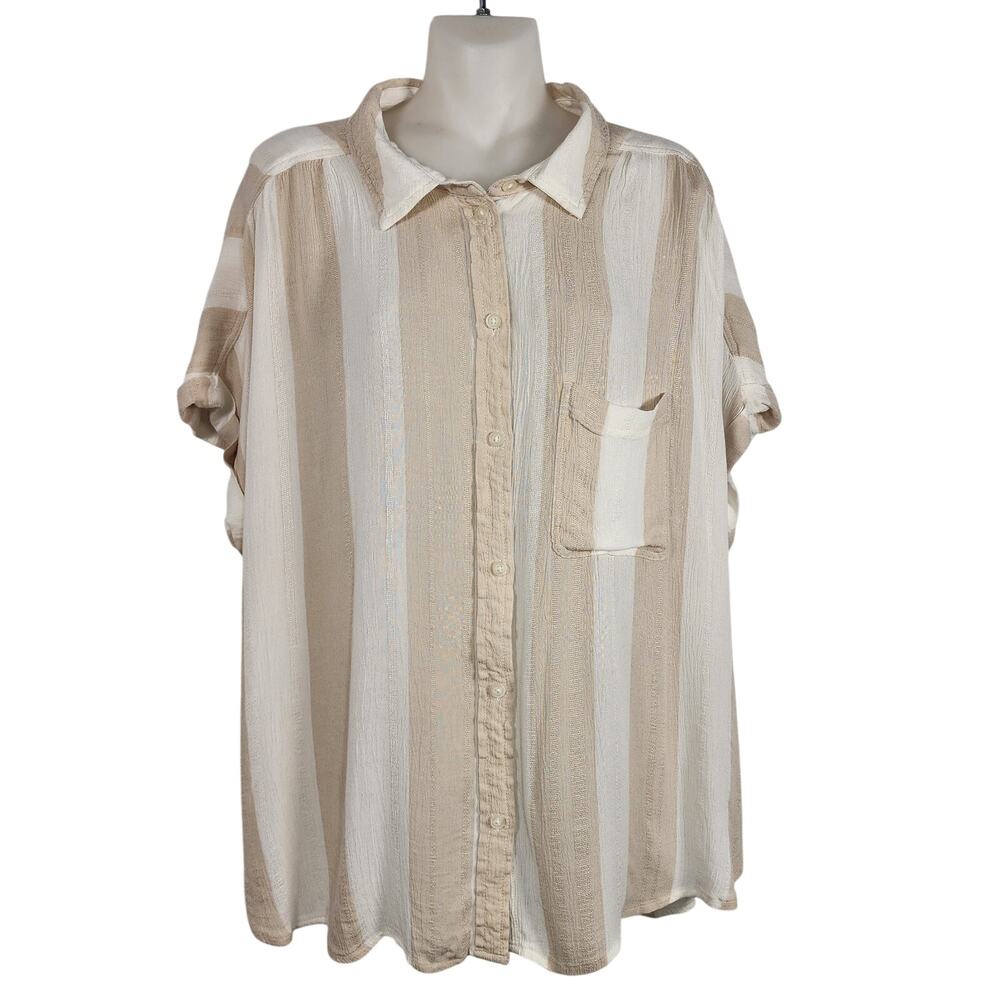 American Eagle Women's Button Shirt Beige White Stripe Short Sleeve Coastal L